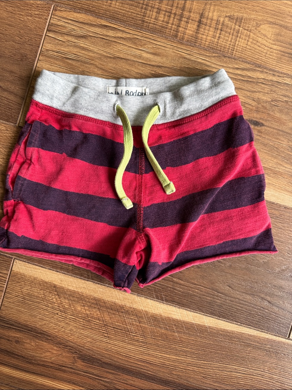 Mini Boden Red and Purple Striped Shorts with Lime Drawstring